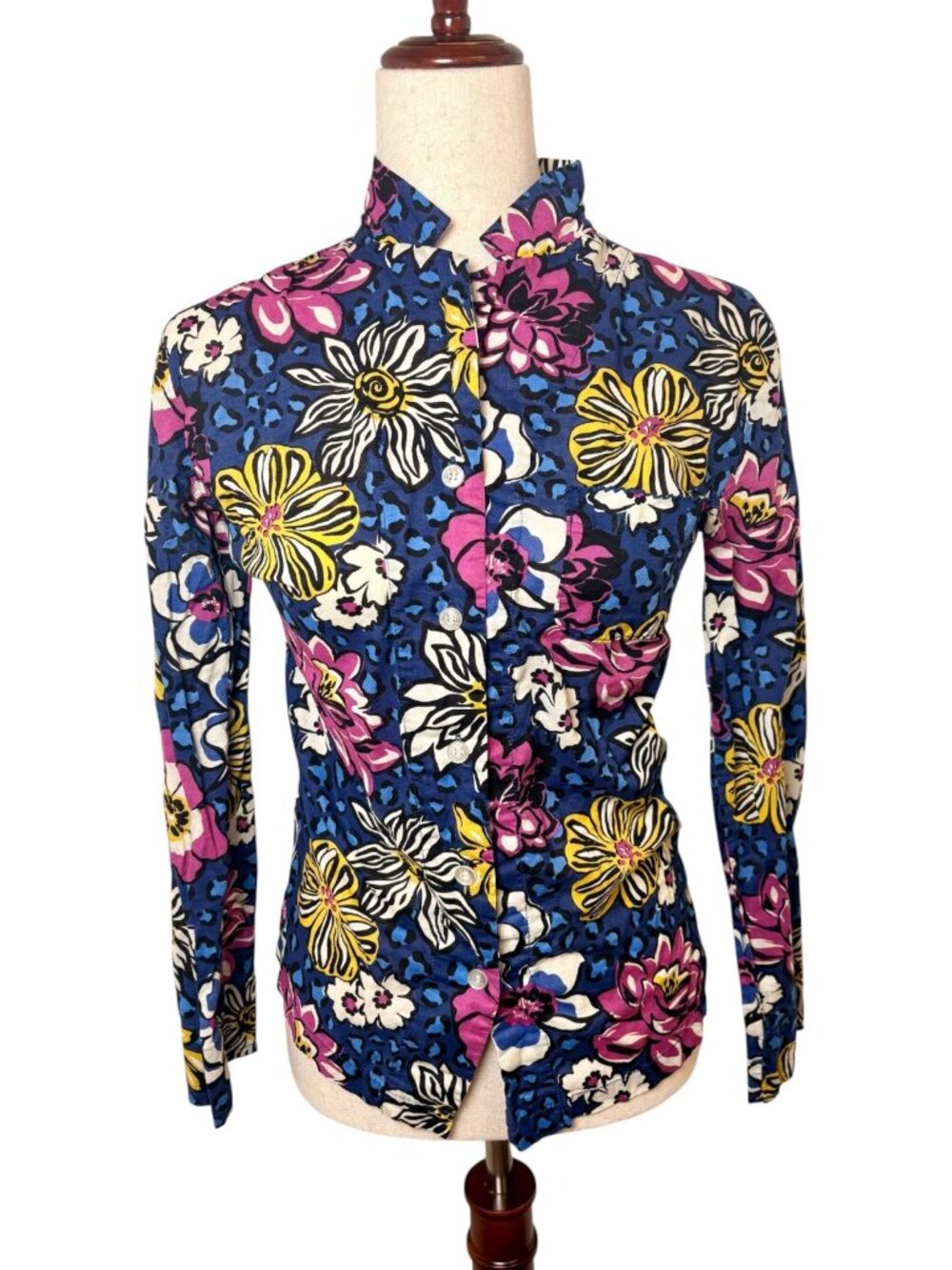 Vera Bradley Blue Purple Floral Button Down Shirt 100% Cotton Size XS